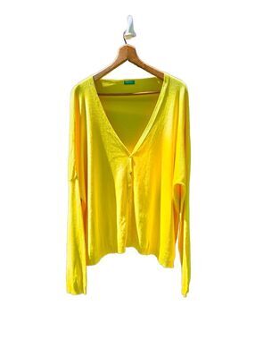 United Colors Of Benneton Oversize Light Knit Yellow Cardigan Drop Shoulder Med